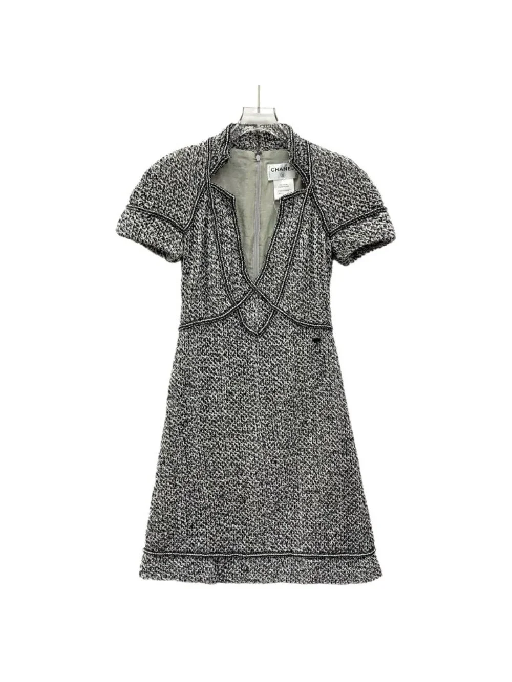Chanel Black & White Cotton Tweed V-Neck Short-Sleeve Dress
